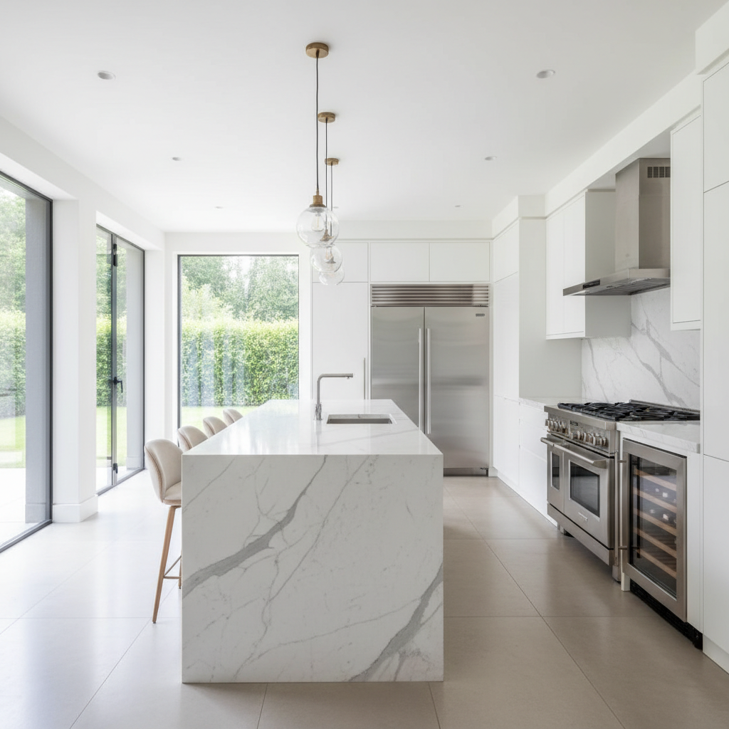 Luxury kitchen with built-in refrigerator and professional range